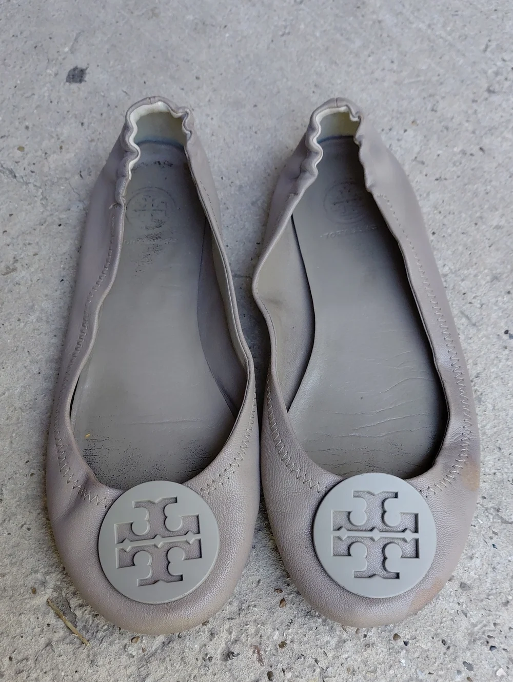 Women's Taupe Leather Ballet Flats with Logo Medallion